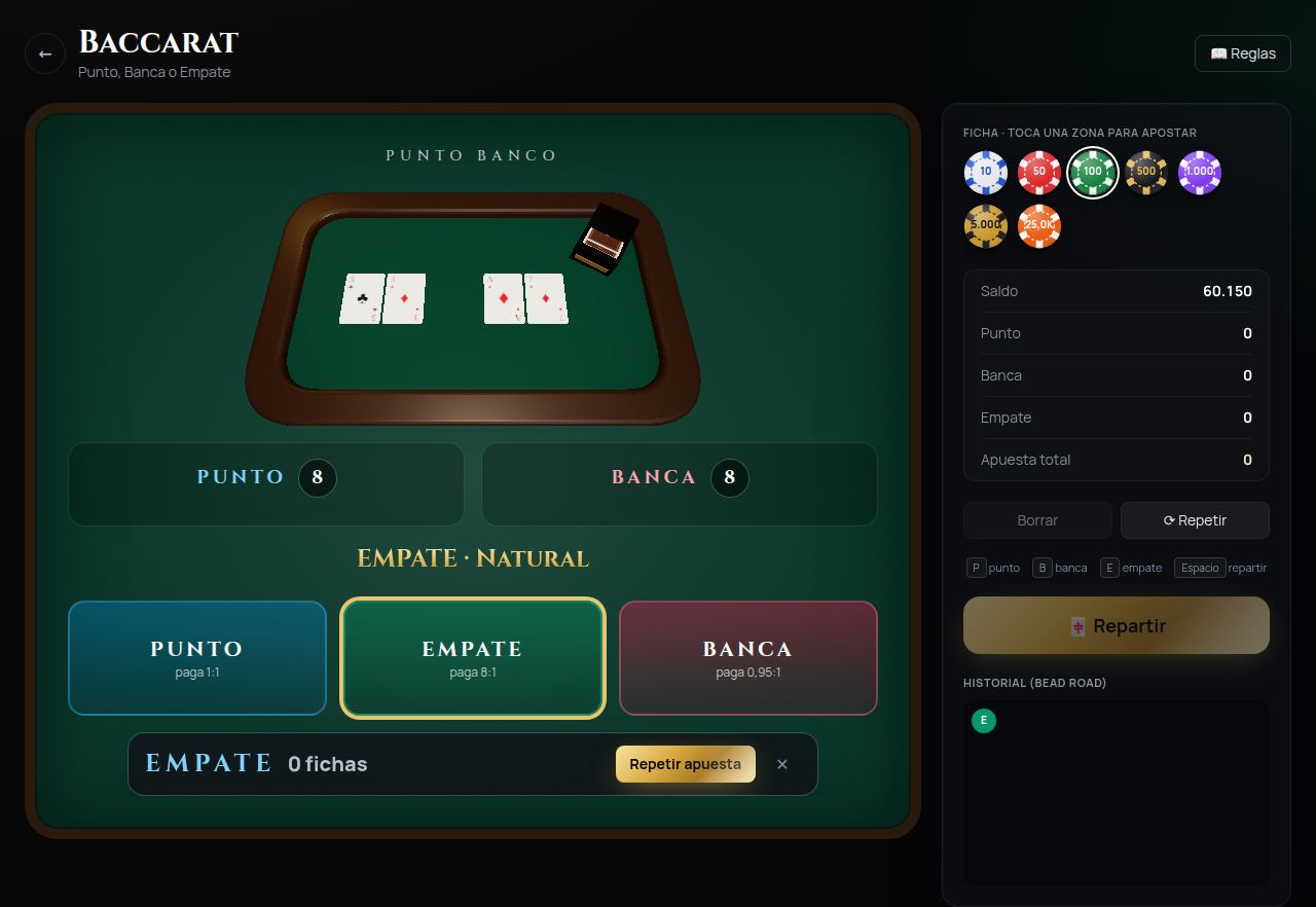 Mesa de baccarat de Royal Vault con un empate a 8: Punto y Banca tienen un natural