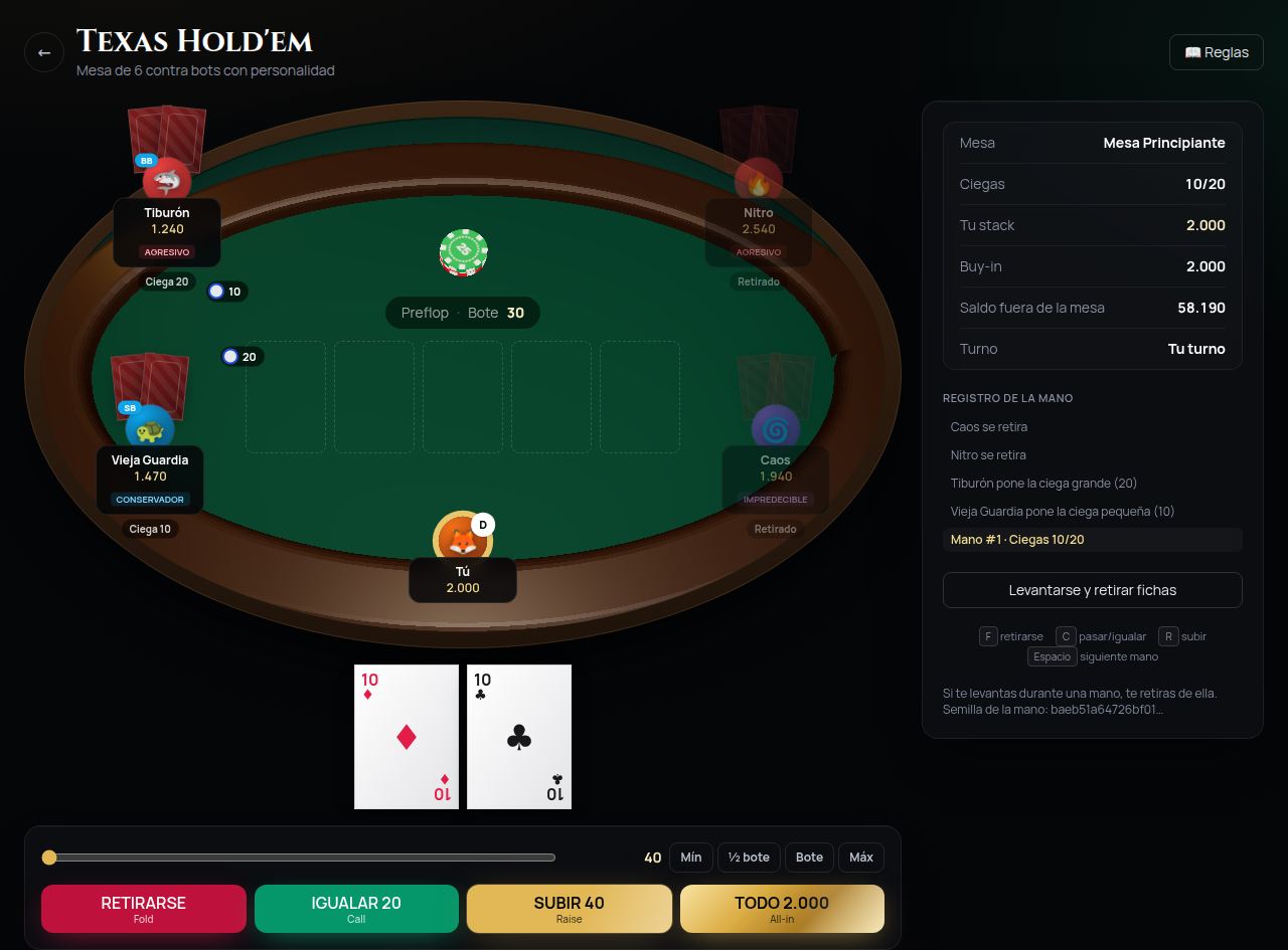 Mesa de Texas Hold'em de Royal Vault: el jugador tiene pareja de dieces en el botón, con cinco bots y el registro de la mano a la derecha