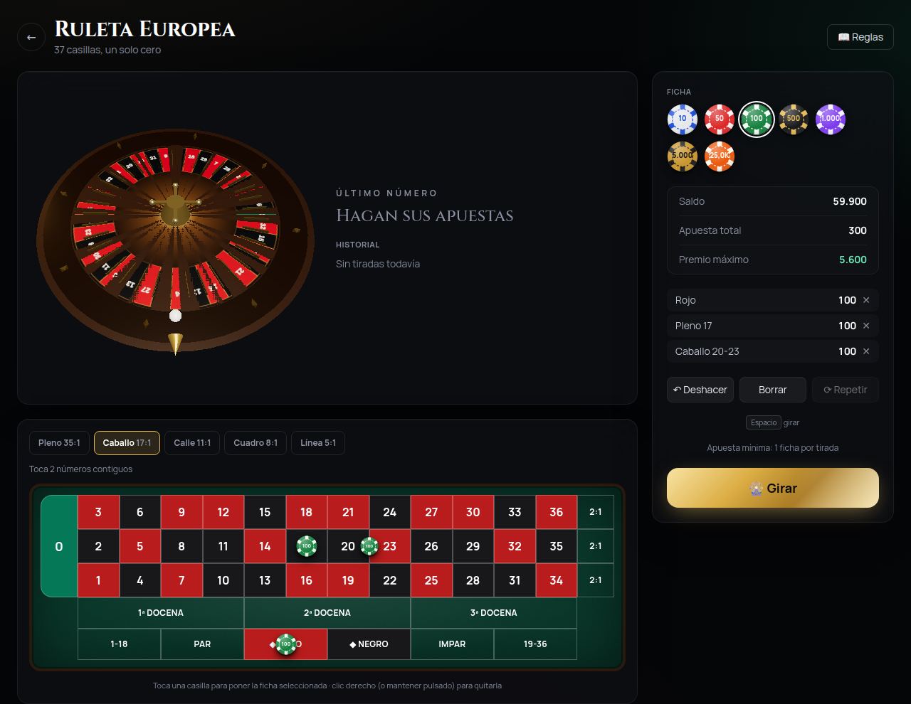 Ruleta europea de Royal Vault con fichas de 100 al rojo, a un pleno al 17 y a un caballo entre el 20 y el 23