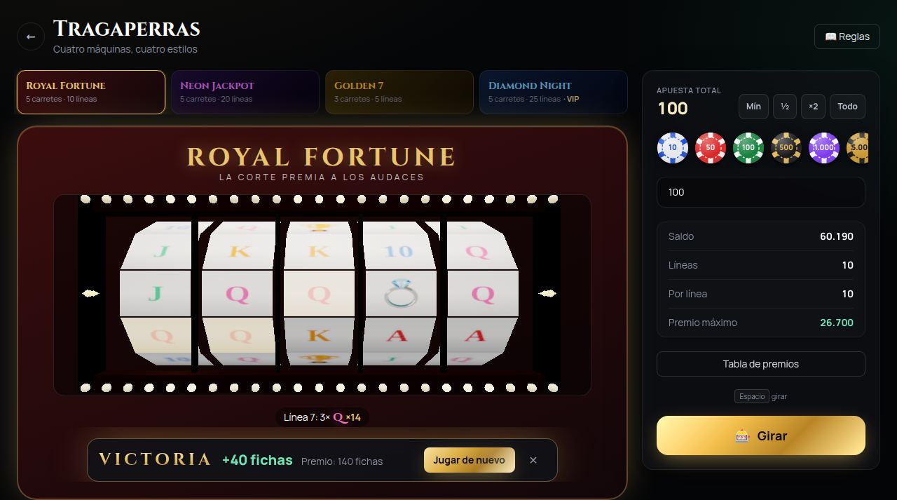 Tragaperras Royal Fortune de Royal Vault con un premio de tres reinas en la línea 7